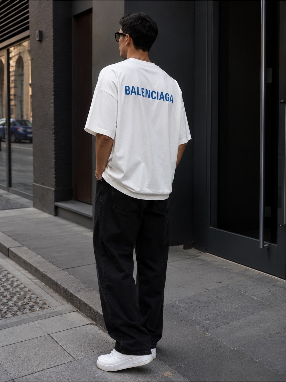 BALENCIAGA White Oversized Logo T-Shirt XS Fits M/L Blue Logo unisex